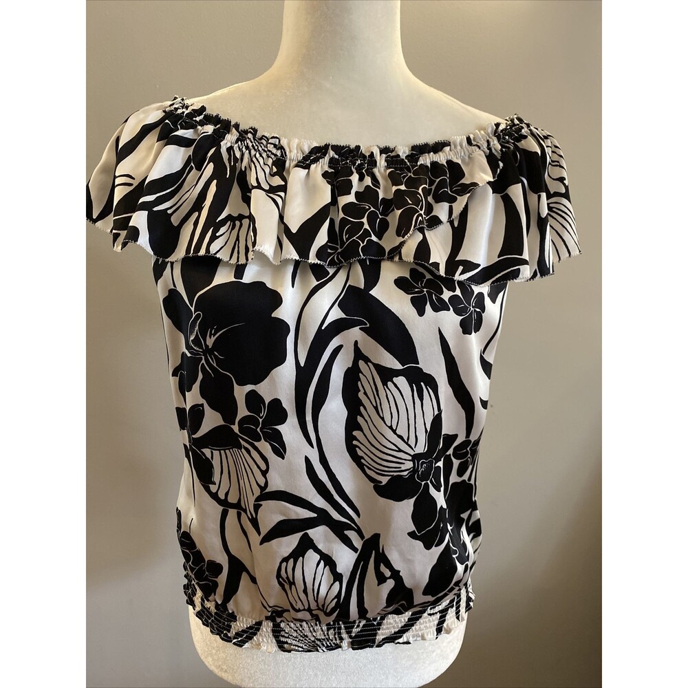 Women Blouse 100% Silk White House Black Market Top Summer Peasant Off Shoulder